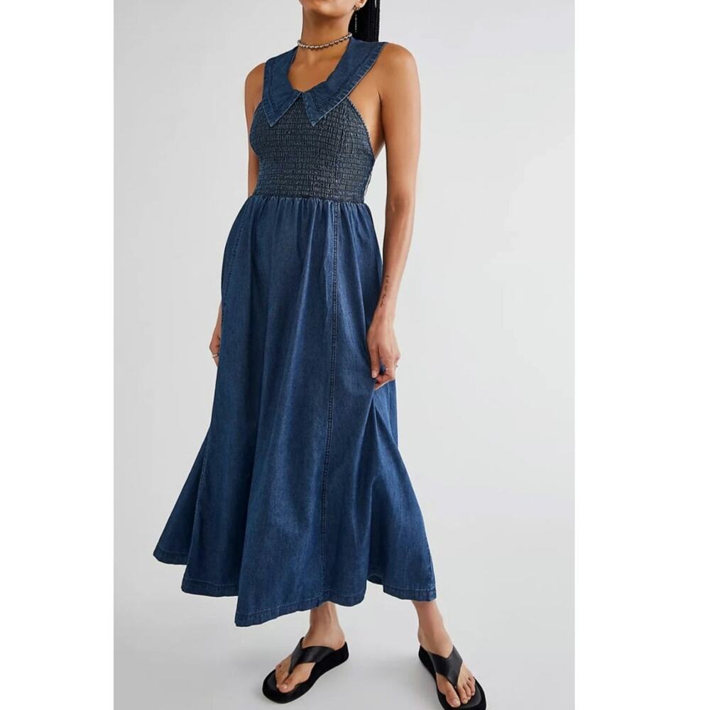 Free People Blue Chambray Denim Smocked Maxi Dress Women's S Sleeveless Boho